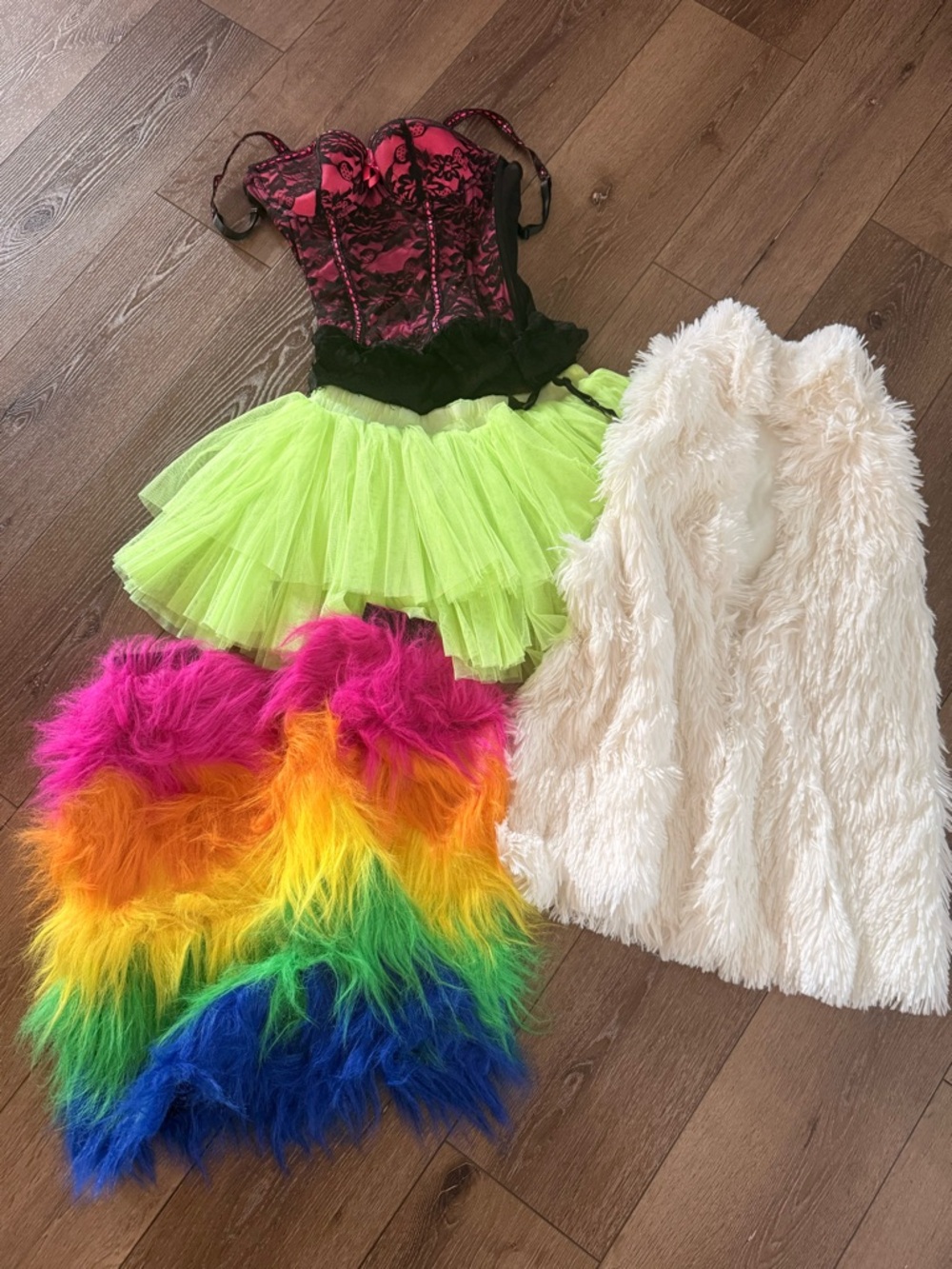 Women’sNeon Green Tulle Skirt Costume with Pink Lace Corset and Rainbow Fur Vest